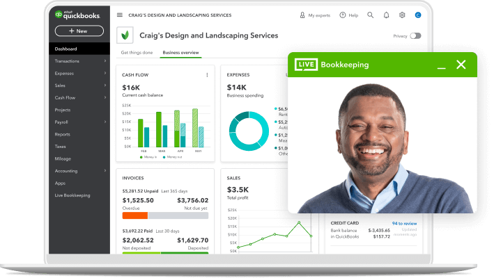 Laptop displaying the QuickBooks dashboard with a QuickBooks expert doing live bookkeeping on a video call.