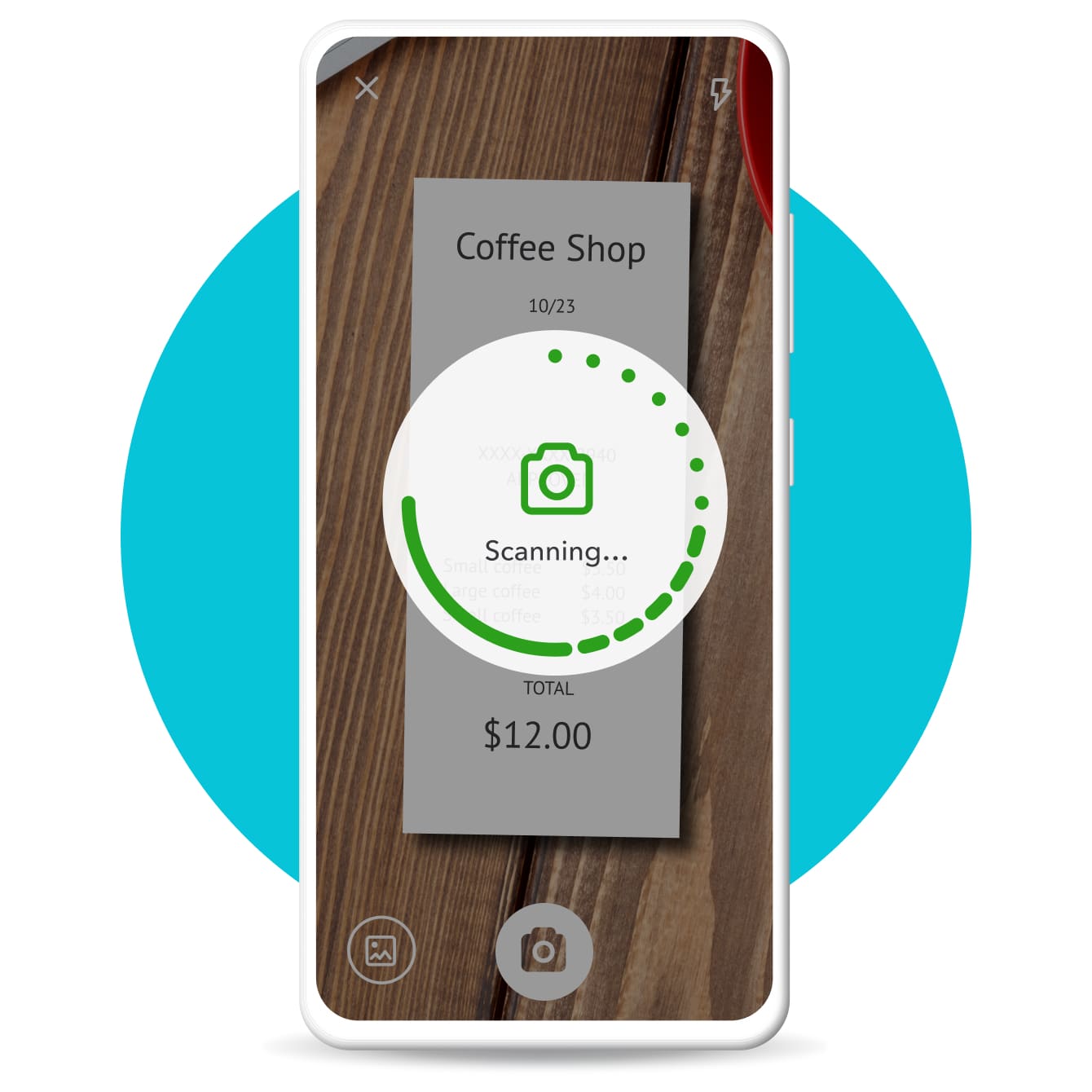 La aplicación móvil de QuickBooks escaneando el recibo de una cafetería.