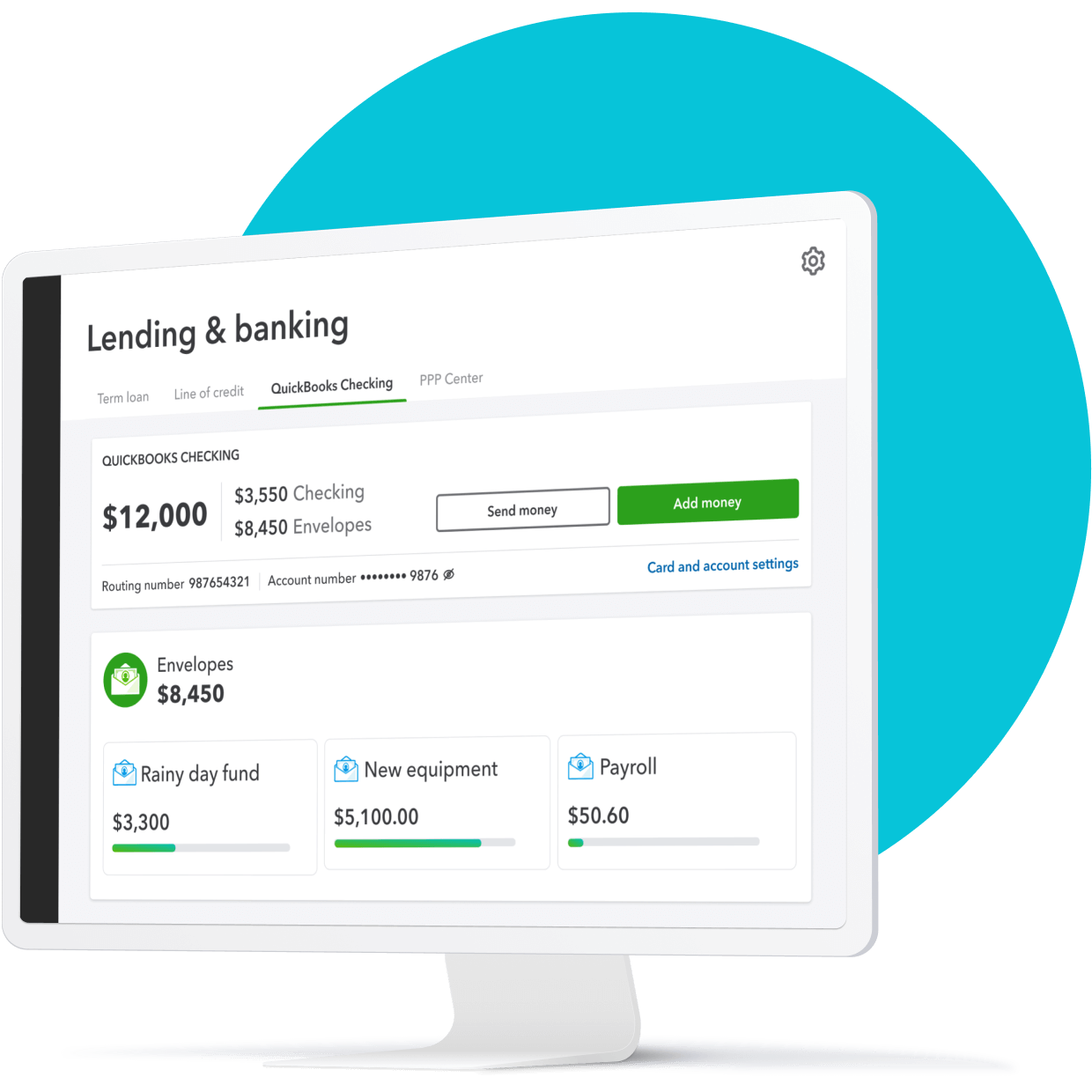 QuickBooks Checking business bank account with goal-based savings envelopes.