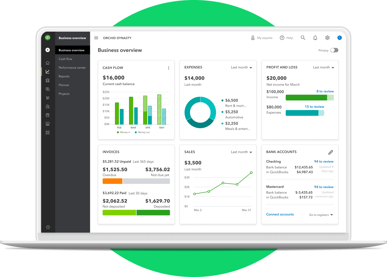 QuickBooks for small businesses laptop dashboard