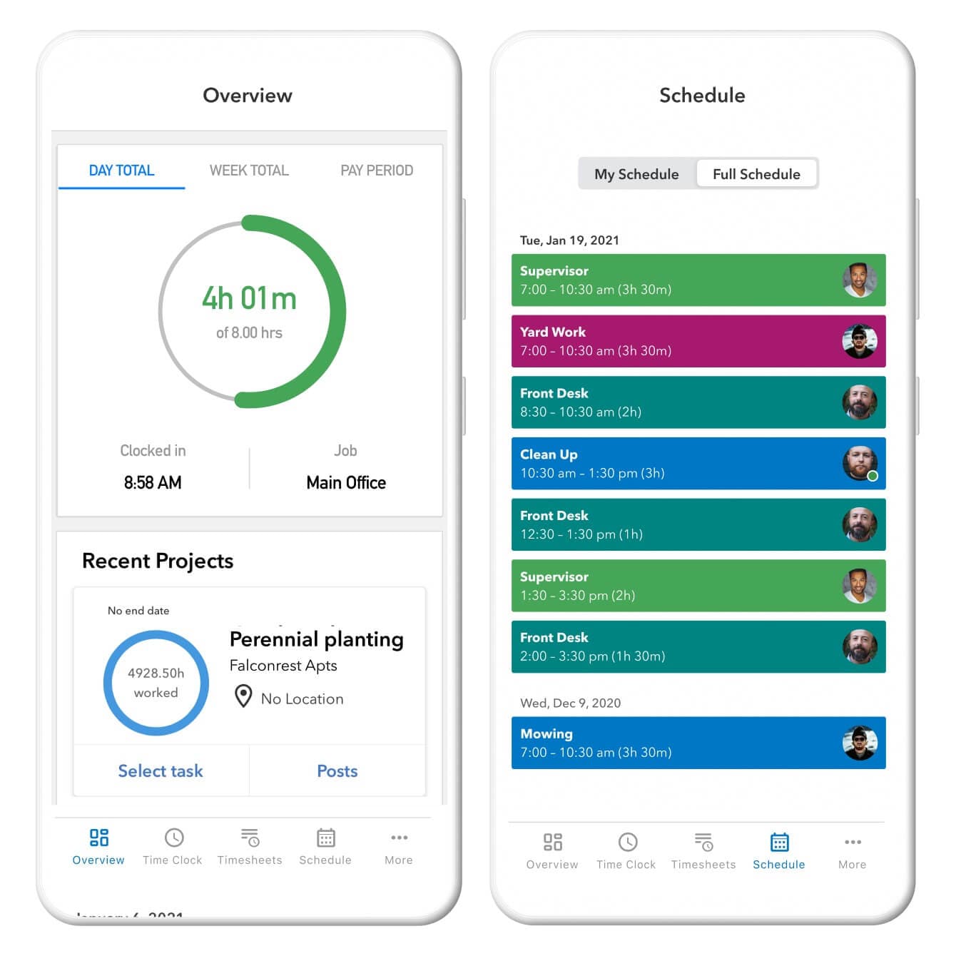 An illustration of two mobile phones. One displaying the QuickBooks Time app overview page and the other showing the schedule page.