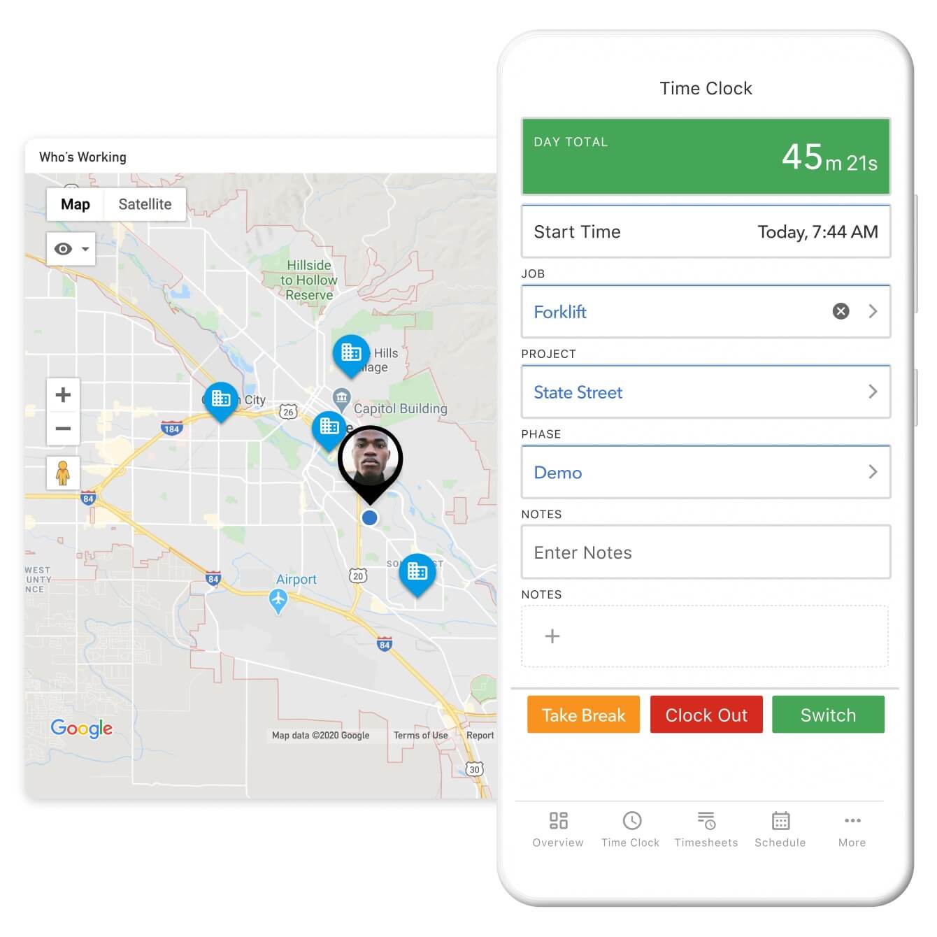 An illustration of a mobile phone displaying the QuickBooks Time app time clock. Beneath the illustration is a map detailing who is working where.