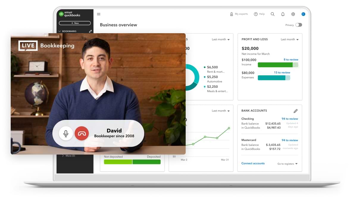 A laptop computer has the QuickBooks dashboard on screen with a Live expert in a video chat window