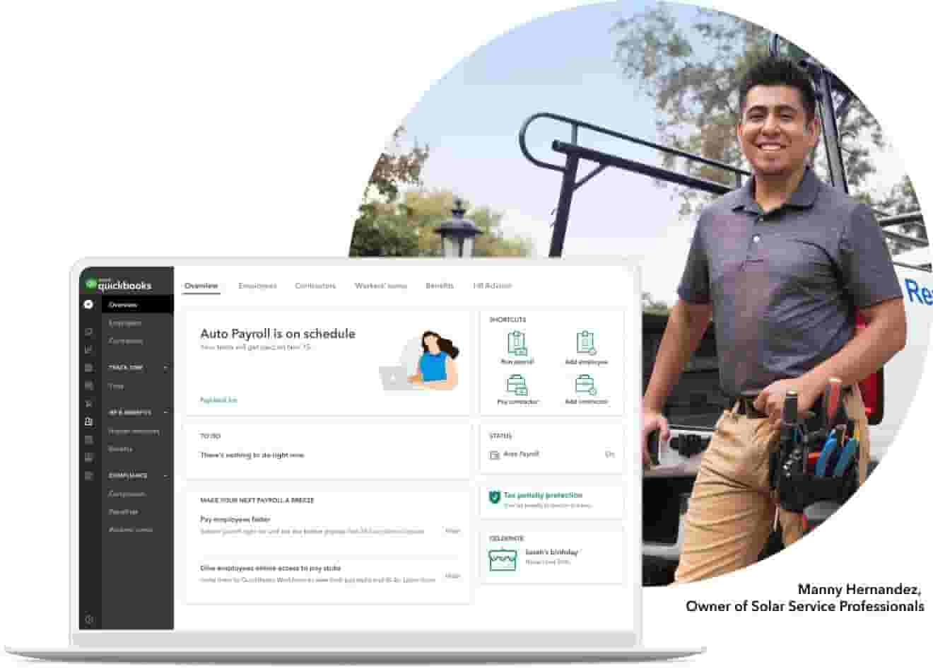 An illustration of a laptop displaying the Payroll overview page in the QuickBooks Online platform. Beneath the illustration is a photo of a person standing outside, wearing a tool belt, smiling at the camera.
