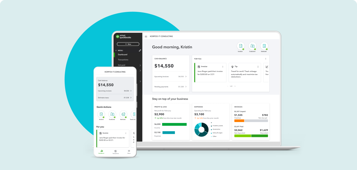 A phone and laptop showing a QuickBooks Solopreneur product interface of the main dashboard