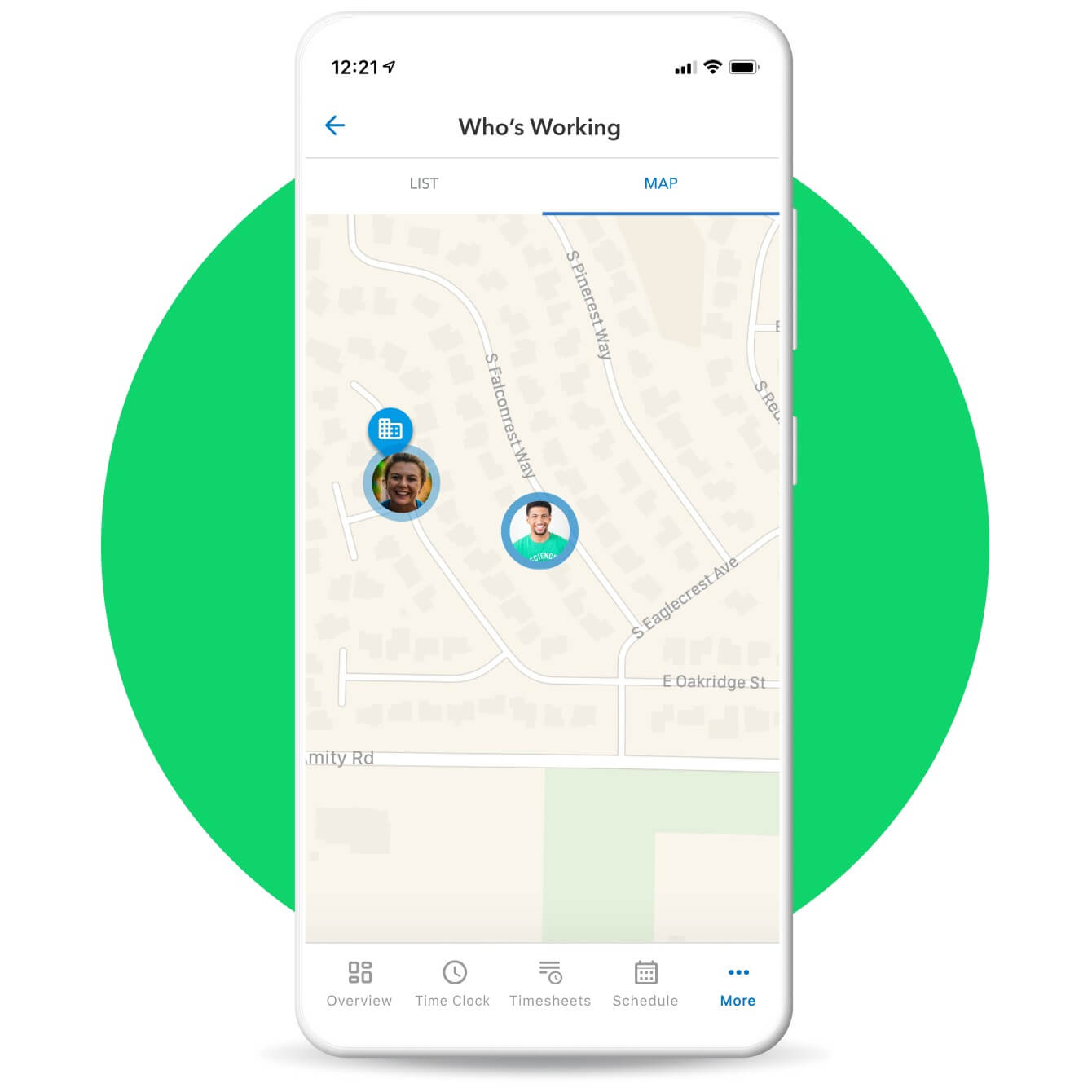 A illustration of a mobile phone showing the "who's working" screen of the QuickBooks Time Tracking app.