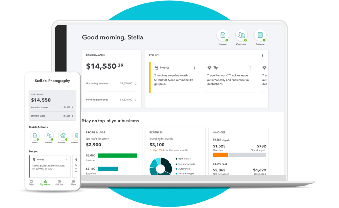 A phone and laptop showing a QuickBooks Solopreneur product interface of the main dashboard