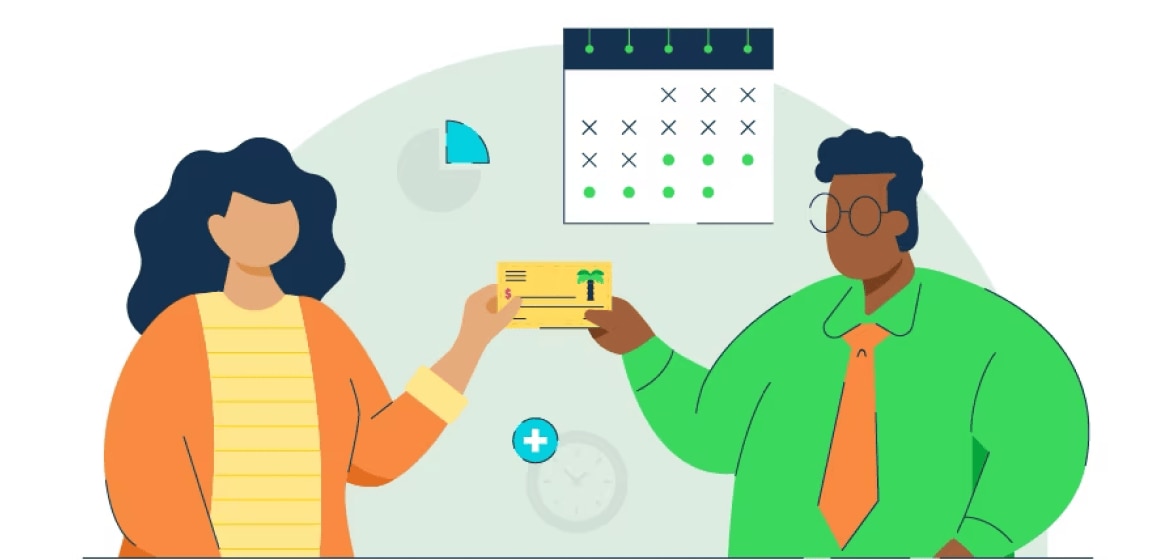 An illustration of two people passing a check to one another with a calendar on the wall behind them.