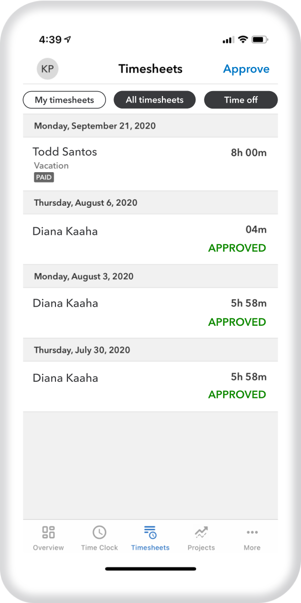 Mobile device displaying Timesheet approvals.