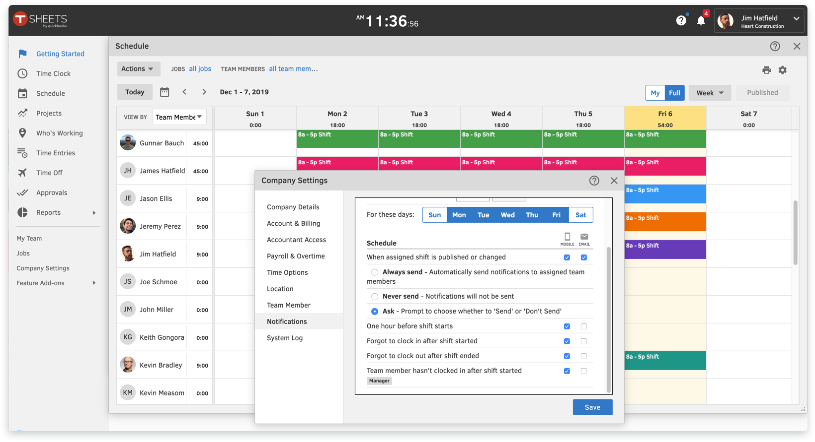 Schedule alerts window QuickBooks Time desktop.