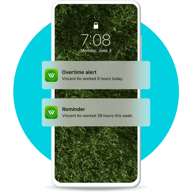 A mobile phone displaying two app notification; first an overtime alert and second a reminder that an employee has worked 39 hours this week.