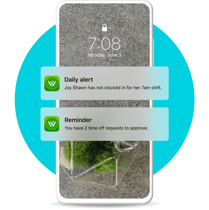 A mobile device displaying two notification from QuickBooks Workforce. One daily alert showing employee has not clocked in and another reminder that there are 2 time off requests to approve.