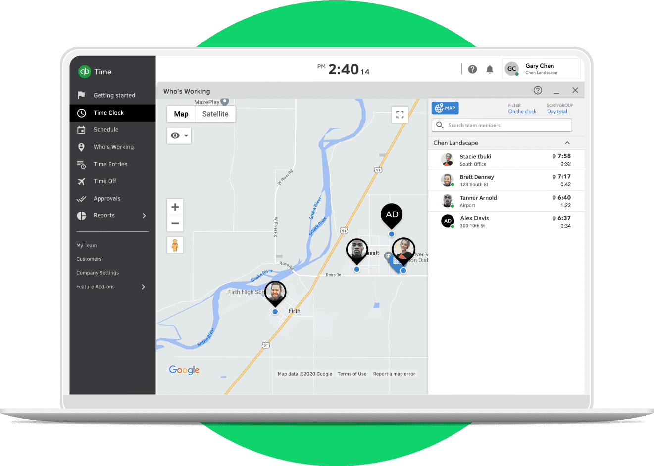 A laptop displaying the who's working window and 4 employees' location on the map as well as how long they have been clocked in.