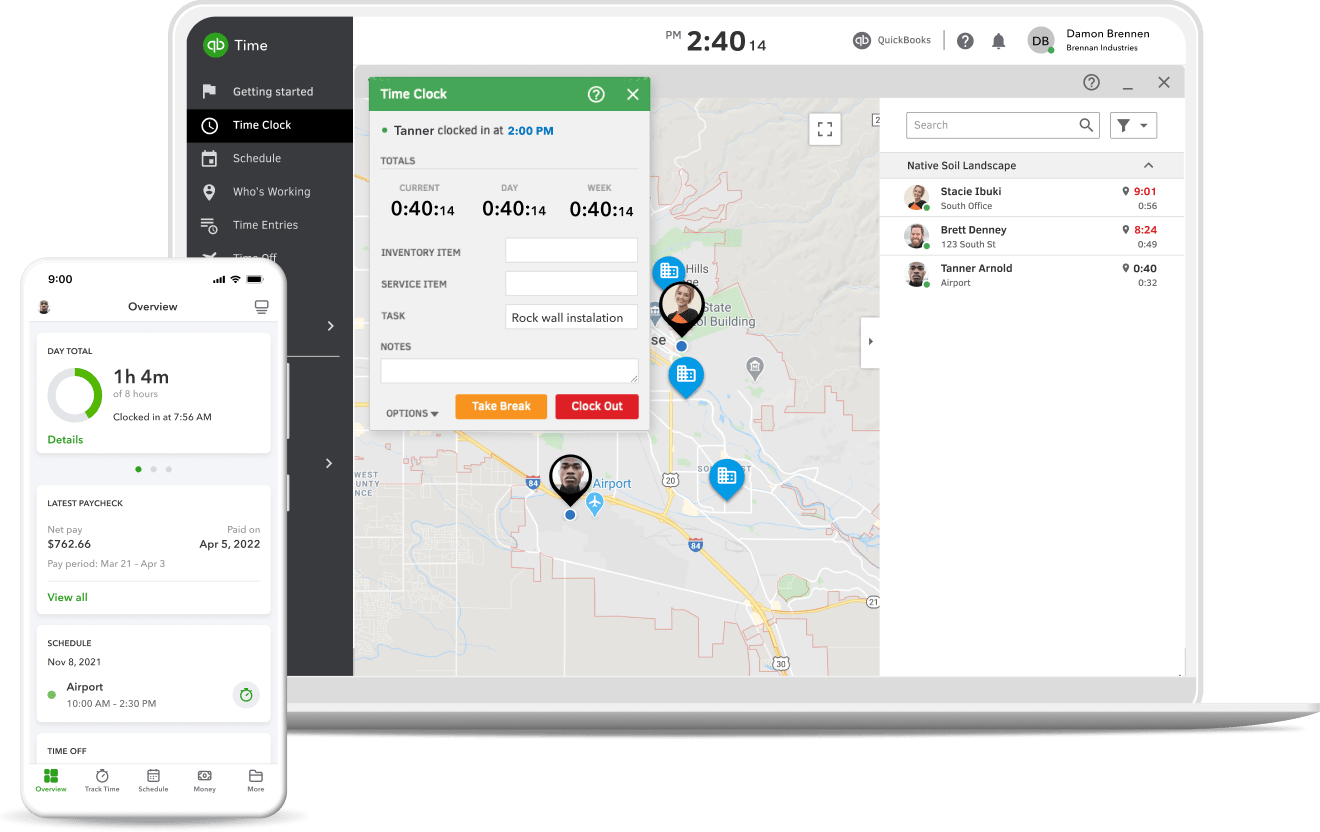 A laptop and mobile device displaying the QuickBooks Time dashboard and the Workforce mobile app overview screen.