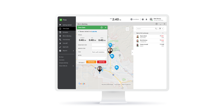 A desktop computer screen displaying the QuickBooks Time dashboard with a time clock, who's working window, and map showing employee locations.