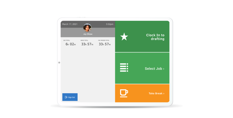 A tablet displaying the Time Kiosk clock in screen where an employee can clock in, select a job or take a break.