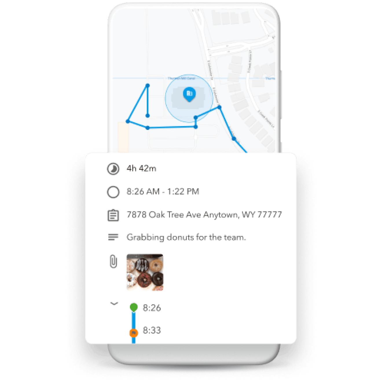 A mobil device displaying a map with a series of employee's pinged locations and a description of the duration of time clocked in, location, notes and attachments.