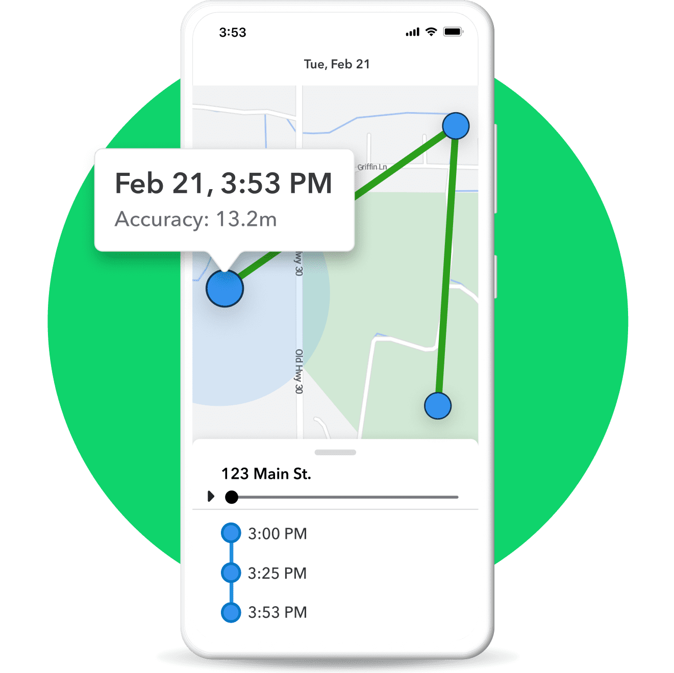 A mobile phone highlighting a worker's gps locations throughout the workday.