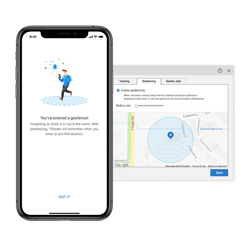Mobile time tracking app with geofencing reminders for workers to clock in.