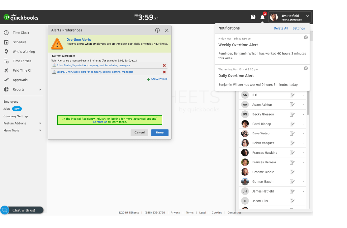 QuickBooks Time overtime management and alerts.