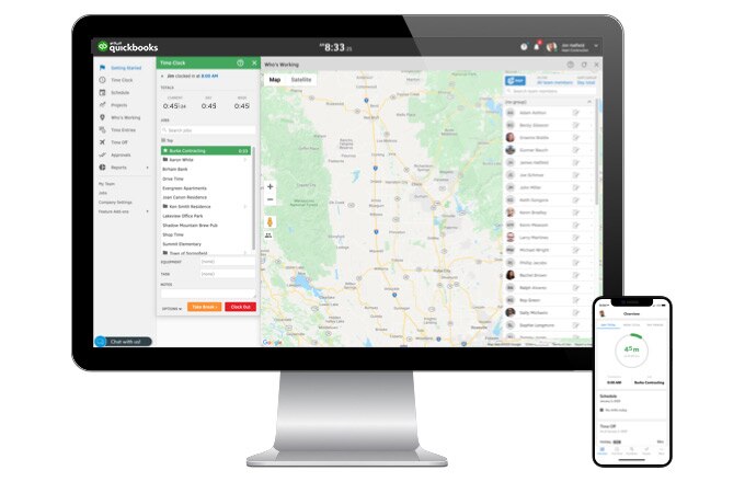 Desktop and mobile phone using QuickBooks Time mobile time tracking app.