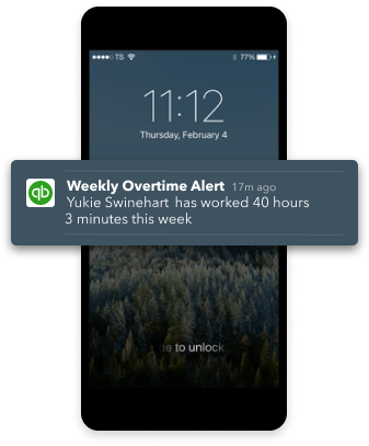 Screenshot of QuickBooks Time on mobile showing alert for overtime