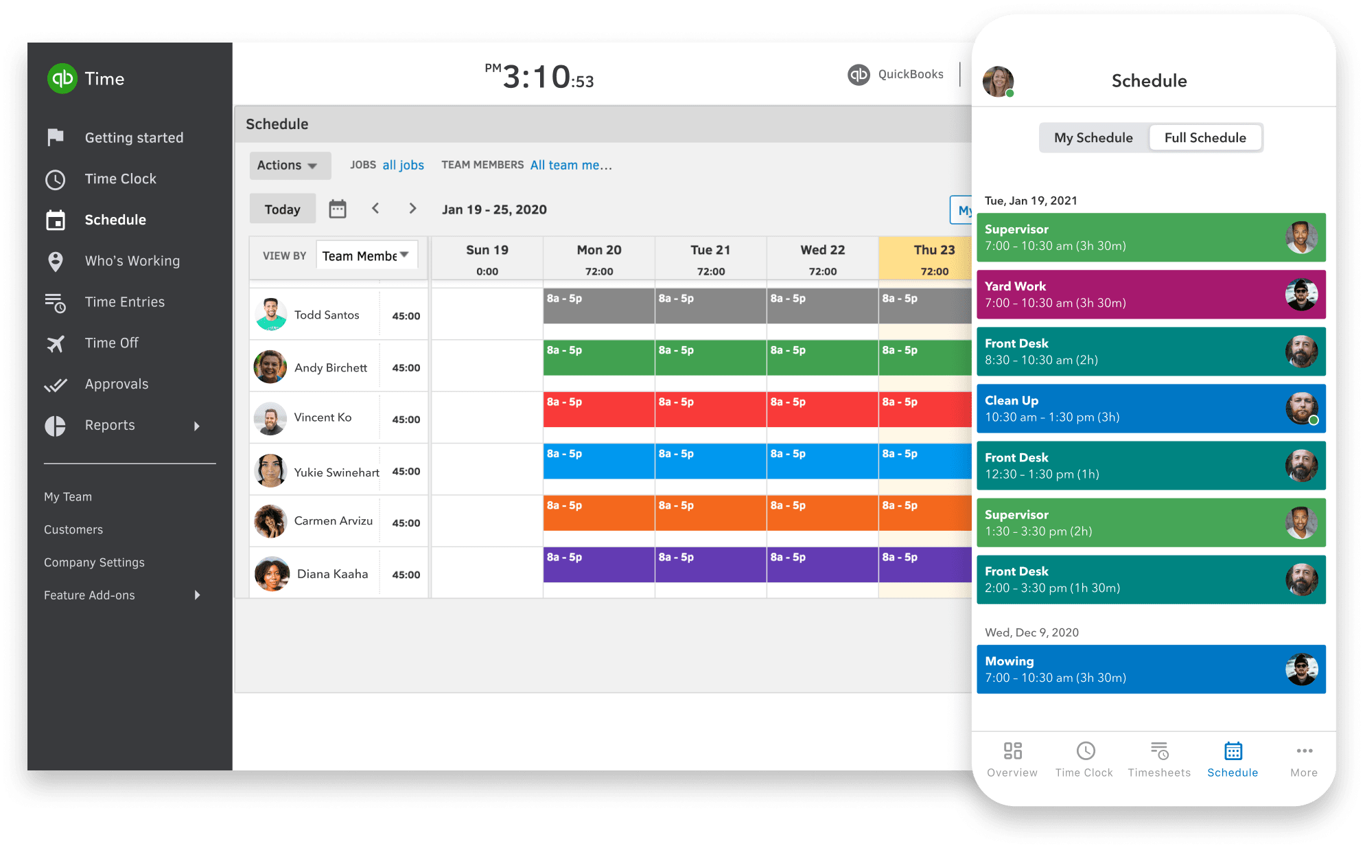 Screenshot of QuickBooks Time showing scheduling interface