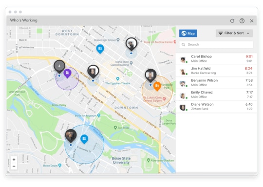 QuickBooks Time web interface showing real-time GPS data.