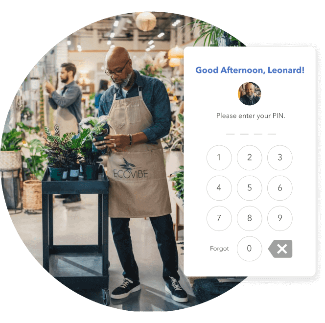 An employer and employee working in a brick and mortar shop with an overlay of the Time Kiosk pin code entry for clock in.