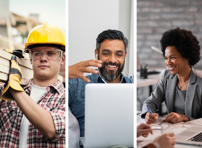 Users of QuickBooks Time, on the construction site, working from home, and in a boardroom meeting.