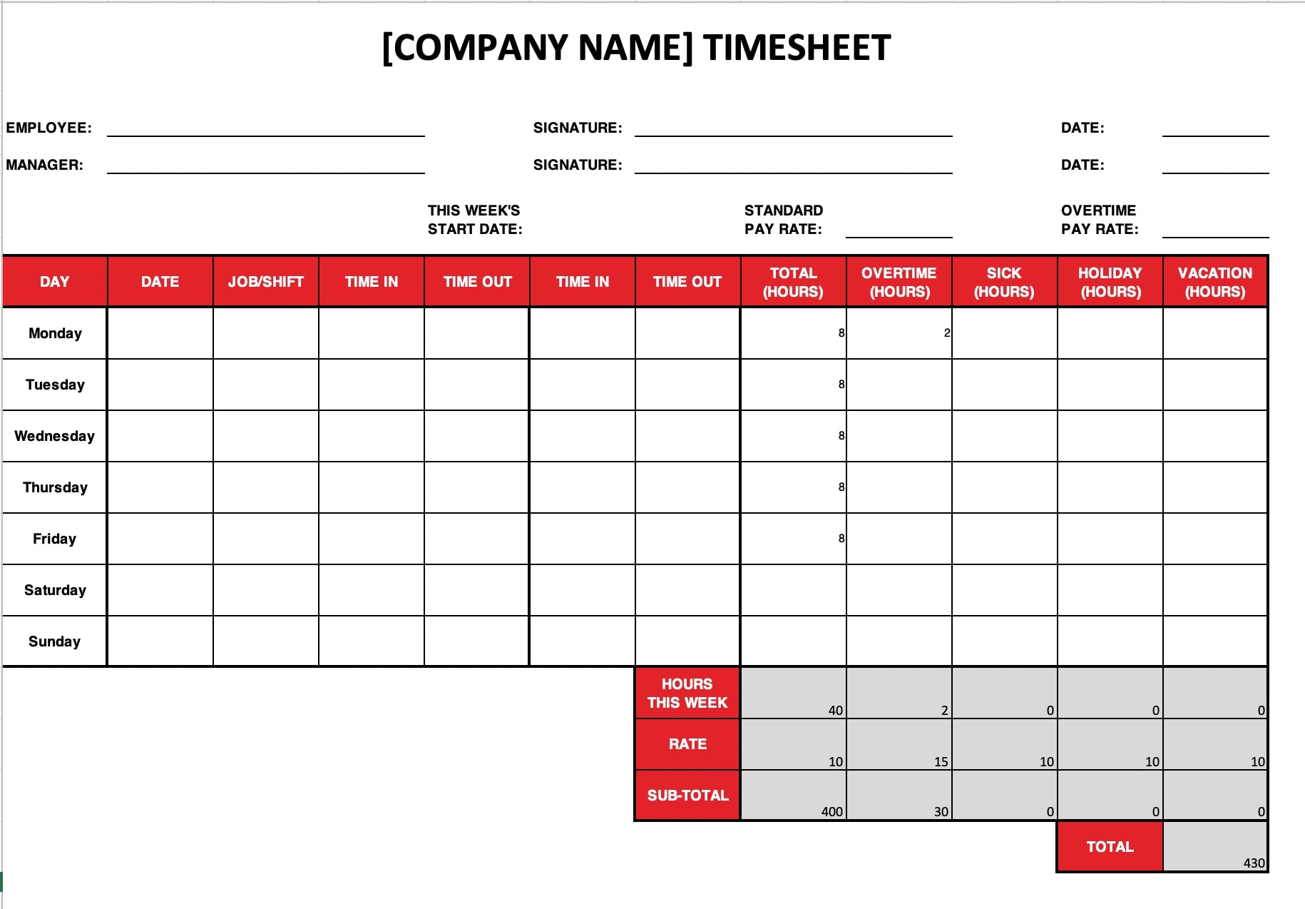 Construction Timesheet Template Excel