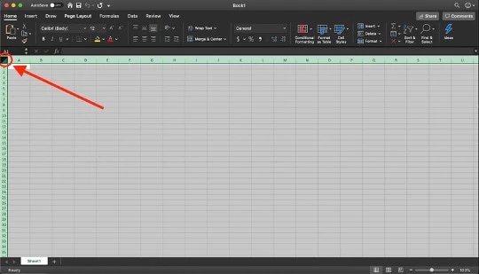 Screenshot of Excel spreadsheet, red arrow point to square symbol in top left-hand cornerIf