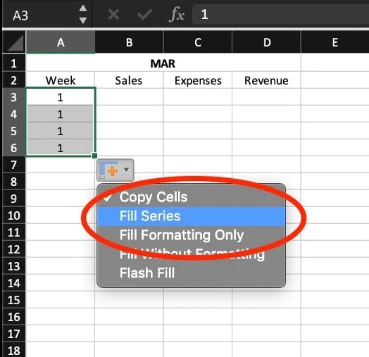 Screenshot of Excel spreadsheet, titled “MAR” with dropdown menu, Fill Series selected