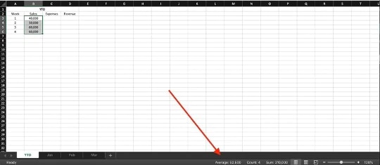 Screenshot of Excel spreadsheet,with four cells selected, red arrow pointing at “Average” at the bottom of the screen.