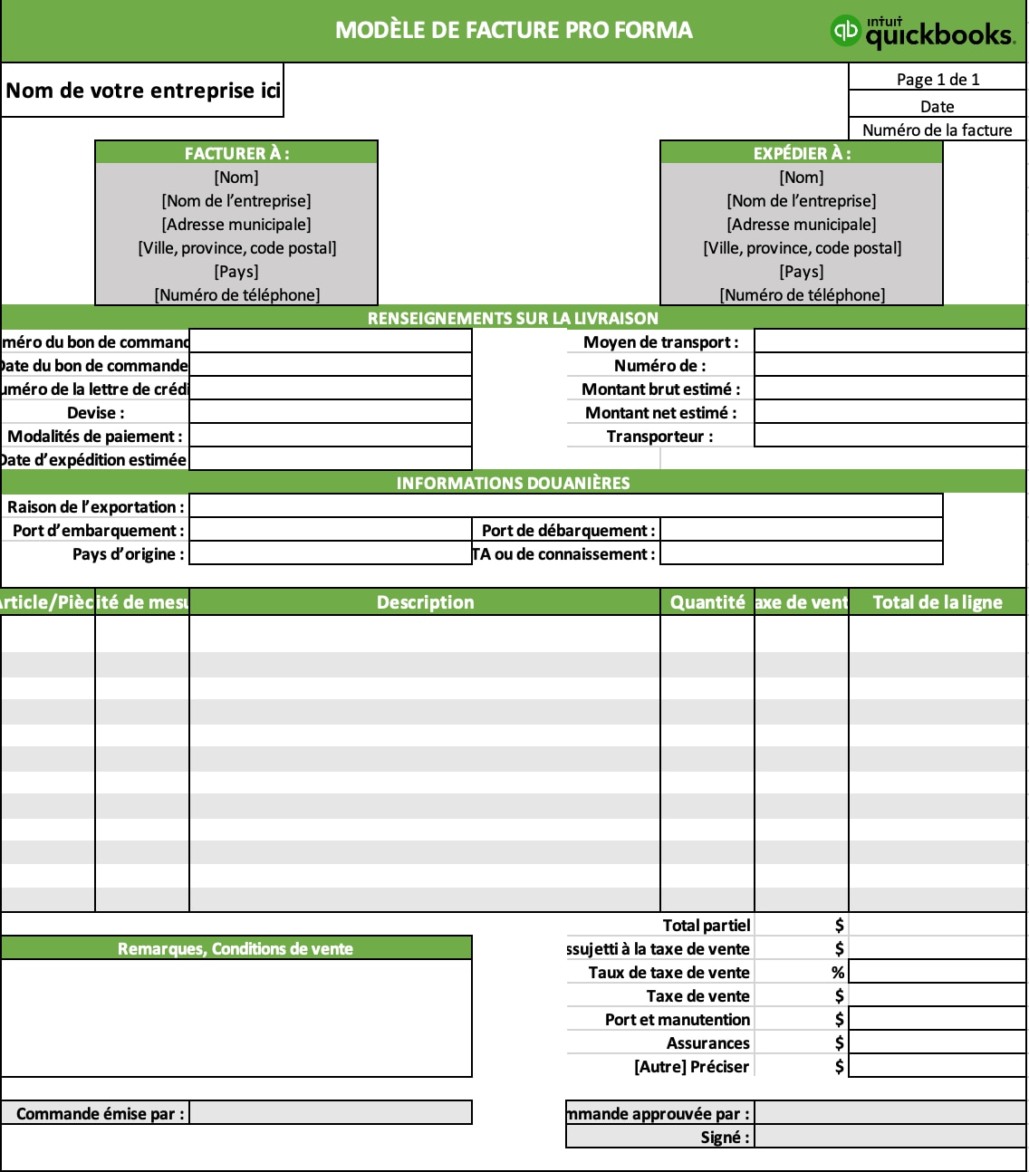 exemple de modèle Excel de facture pro forma