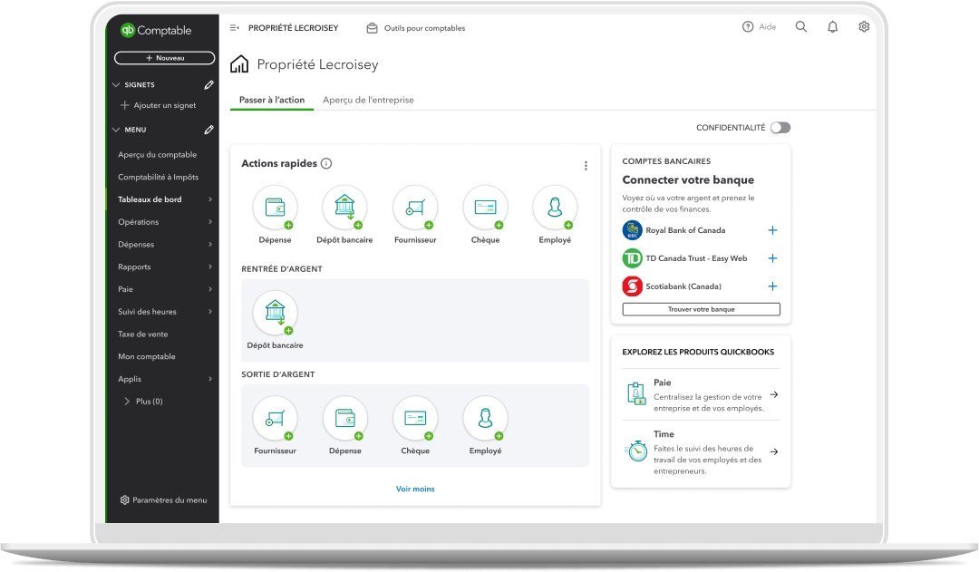 Tableau de bord de QuickBooks en ligne Avancé affichant des cartes personnalisées, telles que les comptes clients.