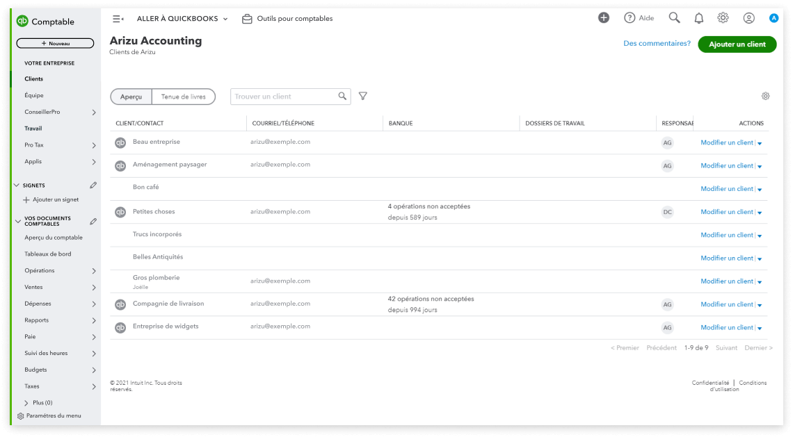 La liste de clients du comptable dans QuickBooks en ligne Comptable indiquant leur adresse courriel, leurs opérations bancaires, leurs documents de travail, leur déclaration de revenus, les colonnes principales et les colonnes action.