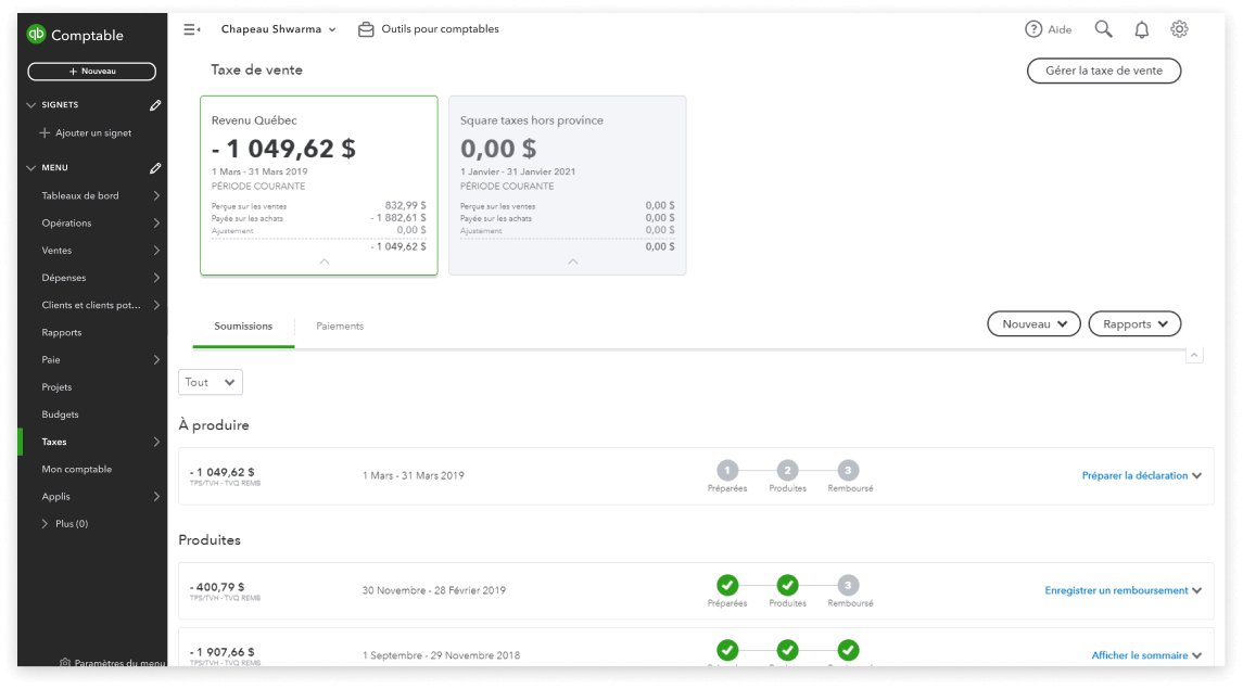 Un tableau de bord des taxes dans QuickBooks affichant les montants dus par province