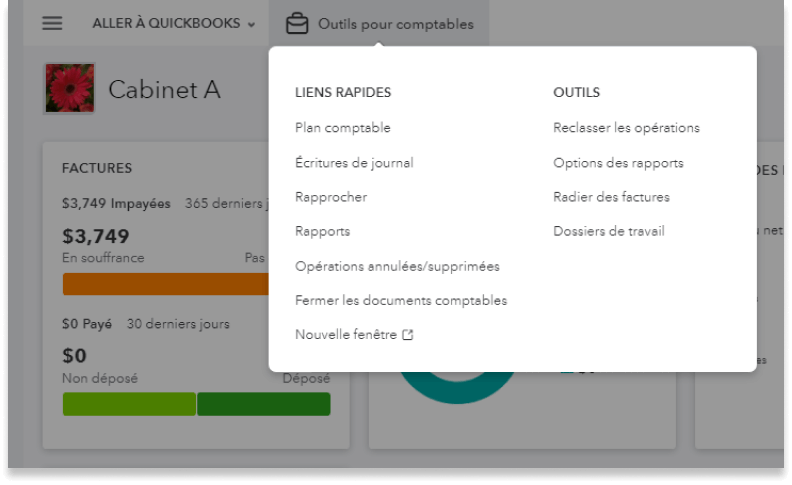 Menu déroulant des liens rapides de QuickBooks en ligne Comptable.