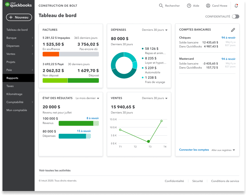 Tableau de bord de QuickBooks en ligne montrant les factures, l’état des résultats, les ventes et les dépenses.