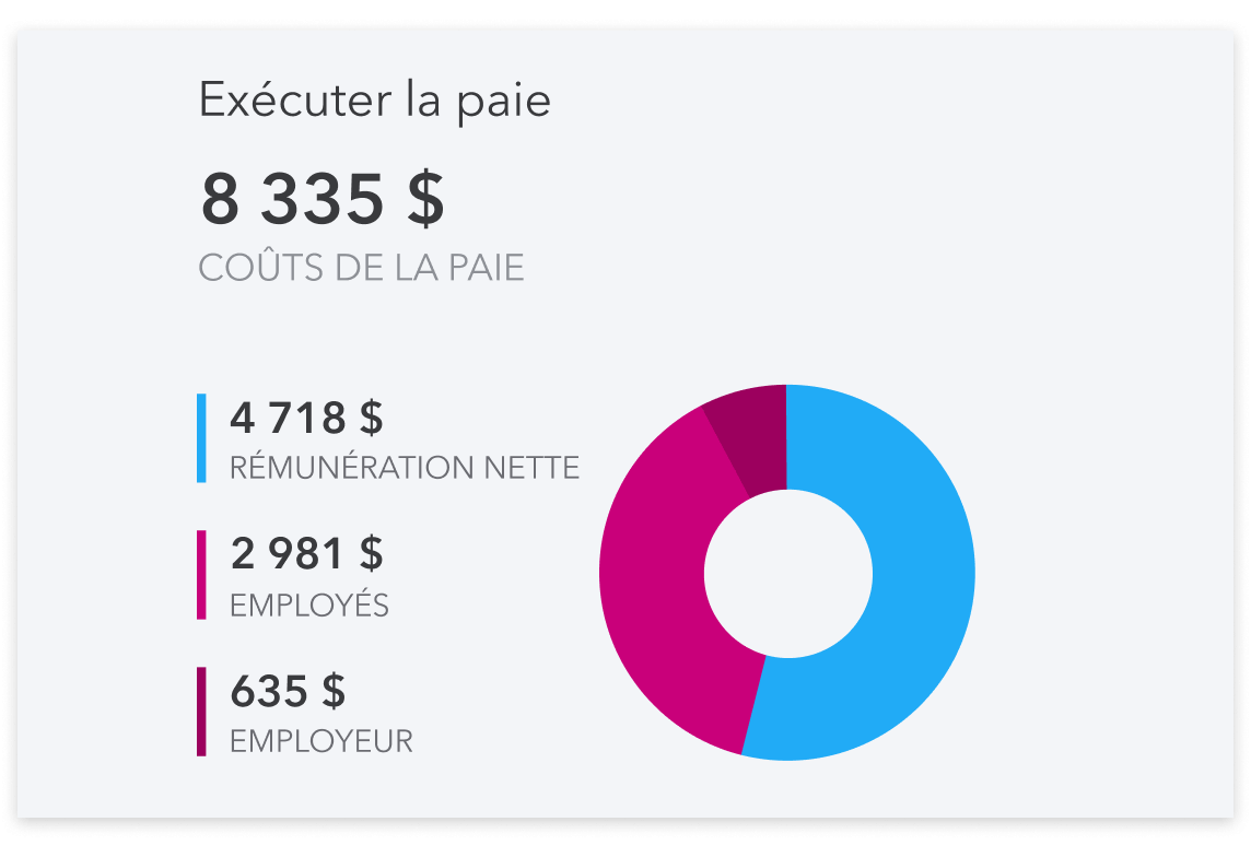 Écran Paie affichant la valeur totale et la répartition par valeur nette – employé et employeur.