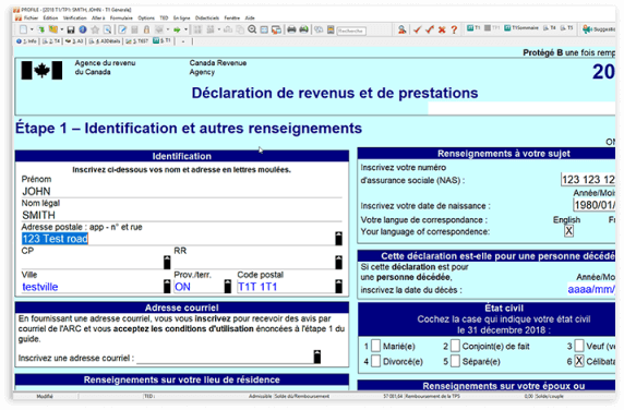 Écran du logiciel d’impôt professionnel ProFile dont l’arrière-plan s’affiche en turquoise clair.