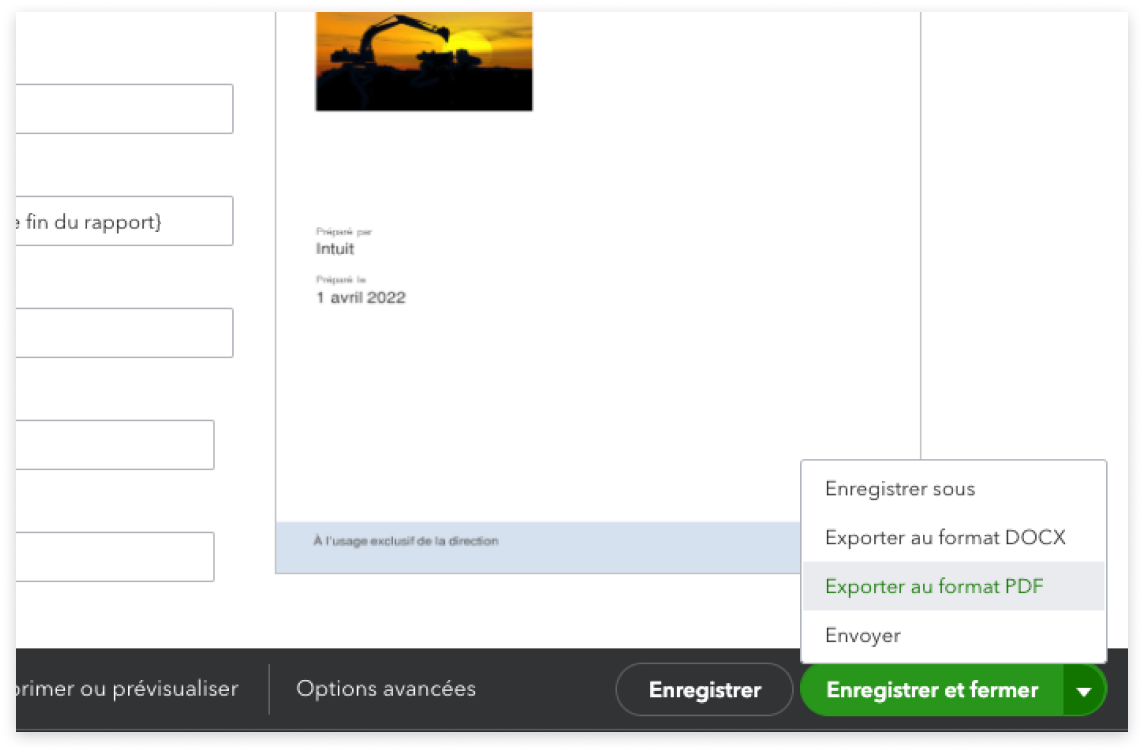 Option d'exportation déroulante active, affichant Enregistrer sous, Exporter au format DOCX, Exporter au format PDF, Envoyer et Enregistrer et fermer.