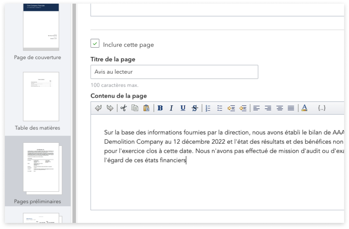 Onglet de page préliminaire ouvert affichant le titre de la page, le contenu et les options de mise en forme du contenu, telles que le gras et l'italique.