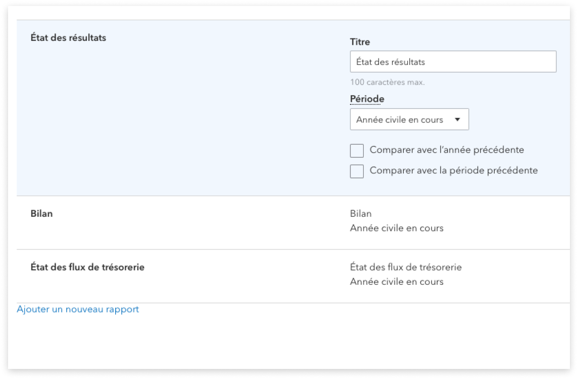 Écran affichant les profits et pertes (y compris le titre et la période), le bilan et l'état des flux de trésorerie.