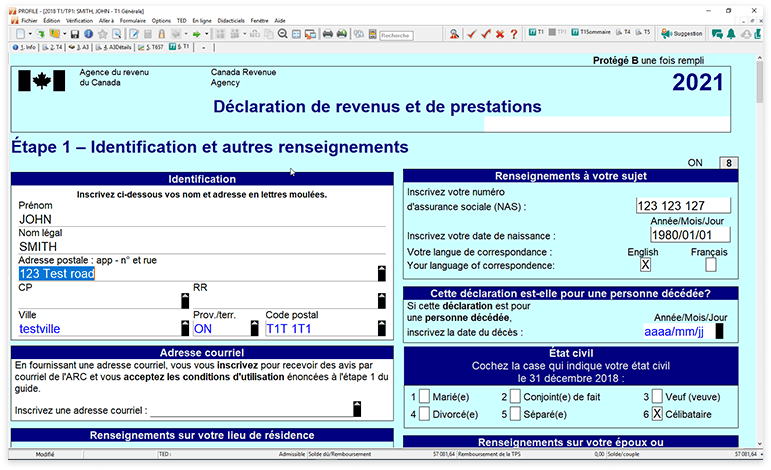 Écran du logiciel d’impôt professionnel ProFile dont l’arrière-plan s’affiche en turquoise clair.