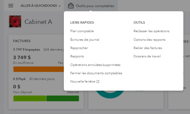 Menu déroulant de la boîte à outils Comptable, incluant les liens rapides et les outils