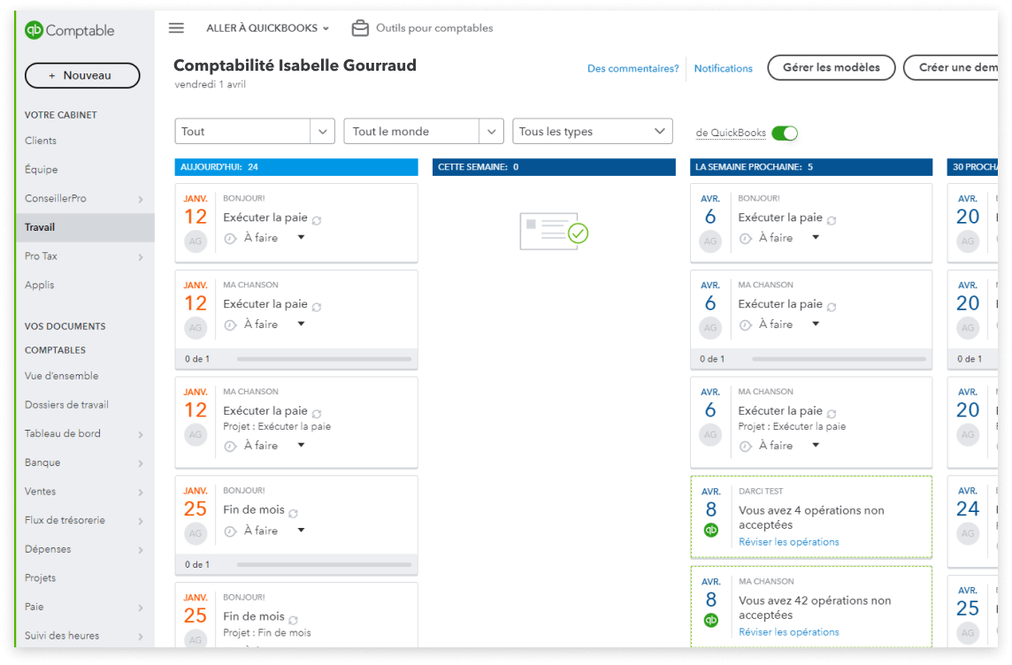 Page Travail de QuickBooks affichant les tâches du jour, de cette semaine, de la semaine suivante et des 30 prochains jours.