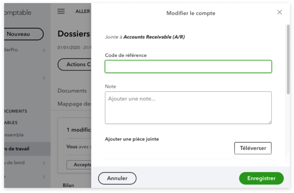 Modal pour ajouter des notes aux comptes clients, avec des champs pour le code de référence, les notes et les pièces jointes.