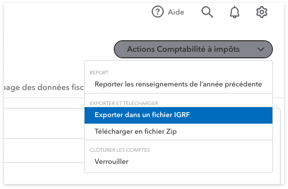 Le menu déroulant du bouton « Actions Comptabilité à impôts » s’affiche, et l’option « Exporter dans un fichier GIFI » est en surbrillance.